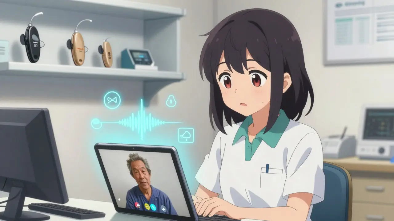 Audiologist on video call with patient, sound waves and hearing aid icons floating around her tablet.