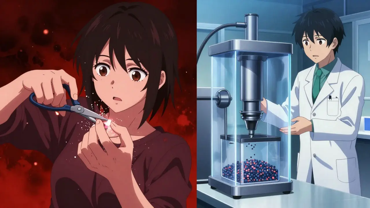 Contrasting images: dangerous pill crushing vs. safe closed-system crusher.