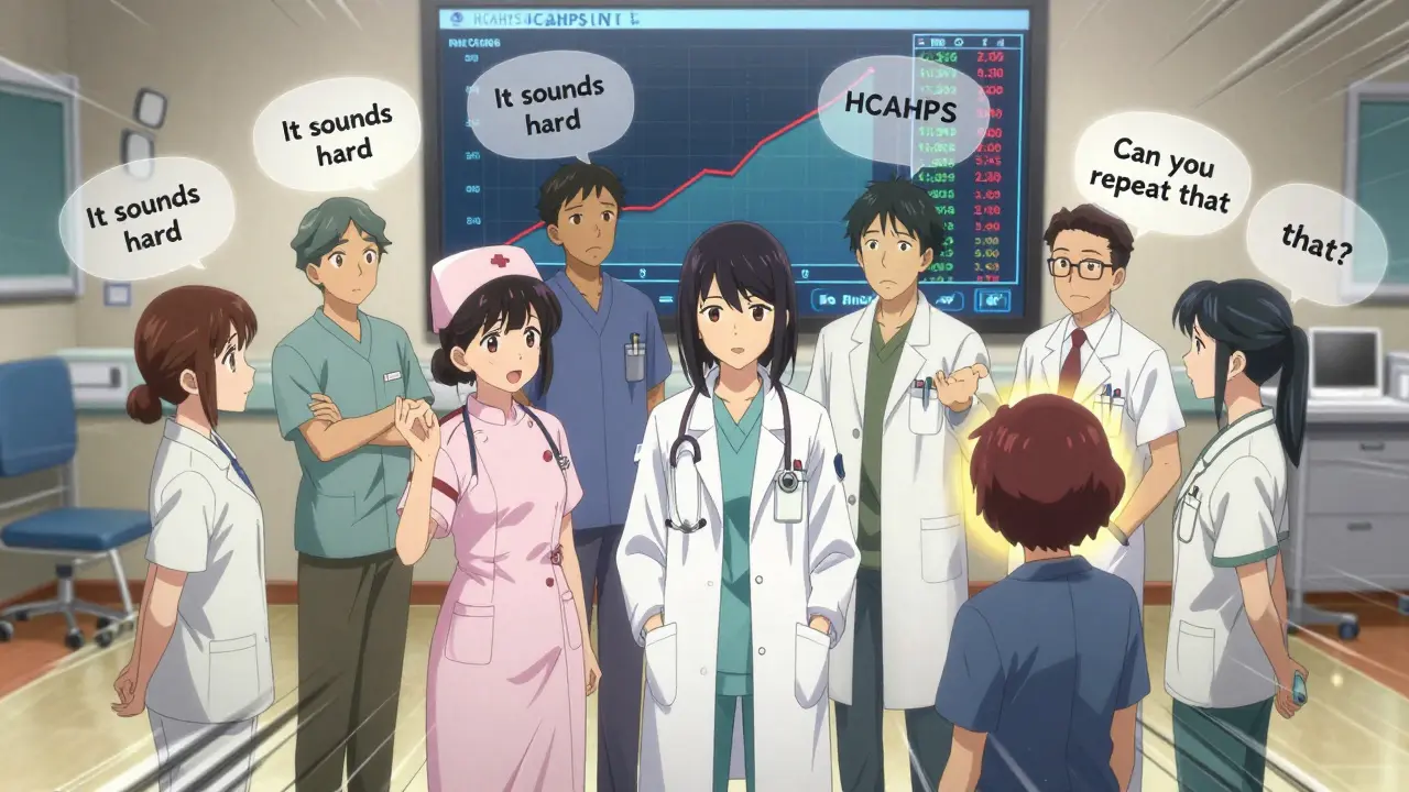 Diverse healthcare team collaborating in a huddle with speech bubbles showing communication phrases.