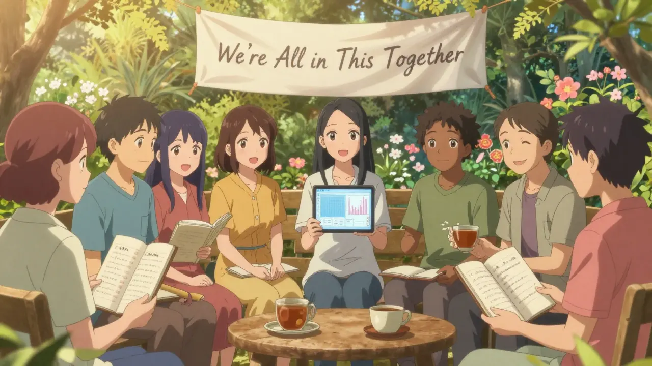 Diverse patients in a garden sharing symptom journals and smiling, with a tablet showing health data in soft sunlight.