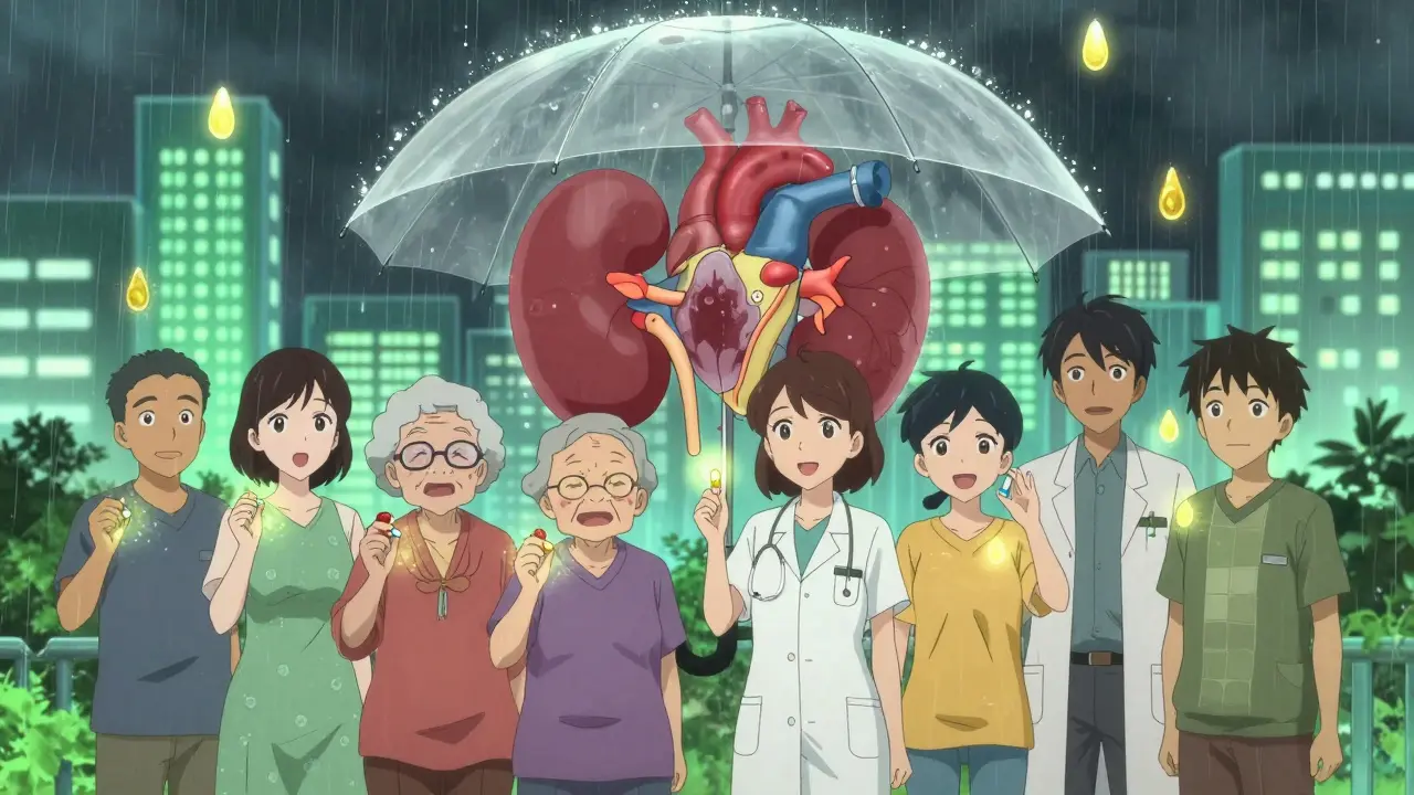 Diverse patients under a heart-kidney umbrella, pills emitting protective auras, golden rain turning into healthy cells.