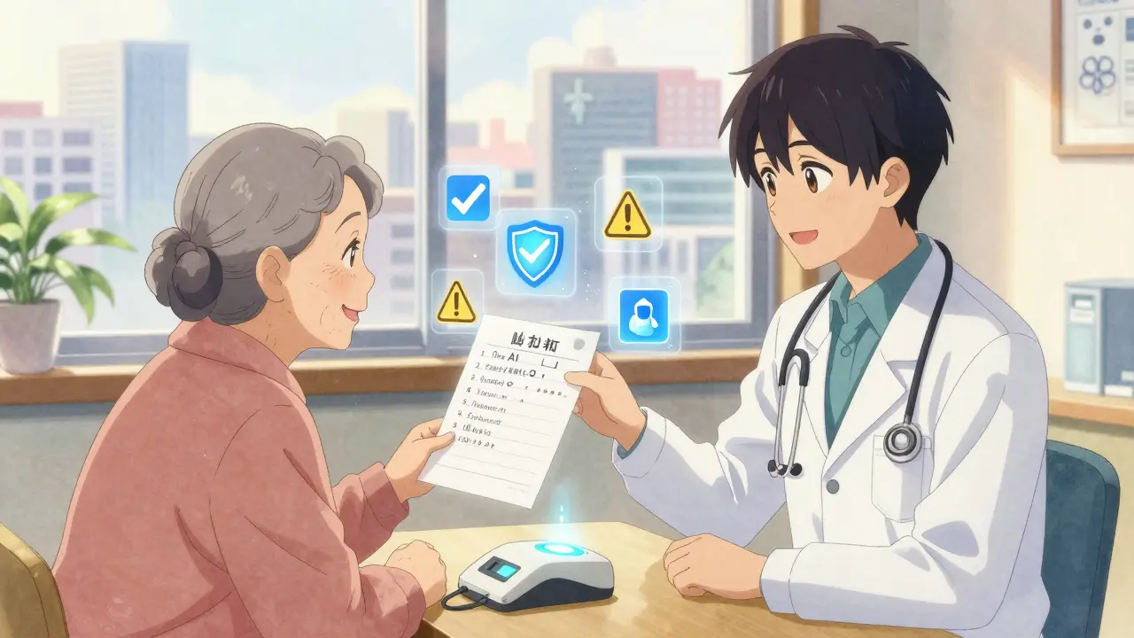 Elderly patient and doctor reviewing medication list with AI safety icons floating around them.