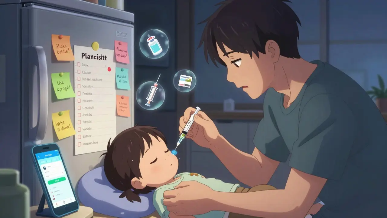 Father giving child medicine at night using a marked syringe with safety checklist on fridge