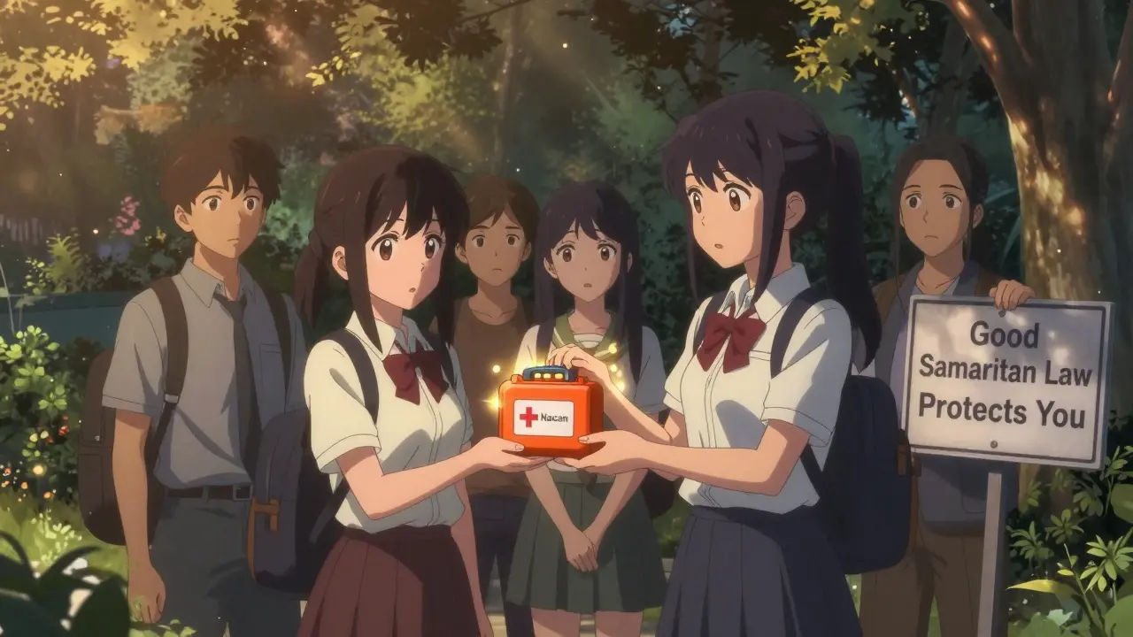 Friends exchange Narcan in a sunlit park, symbolizing preparedness and care.