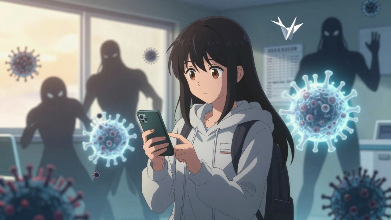 Girl checking blood test alert as shadowy pathogens are blocked by glowing white blood cell warriors.