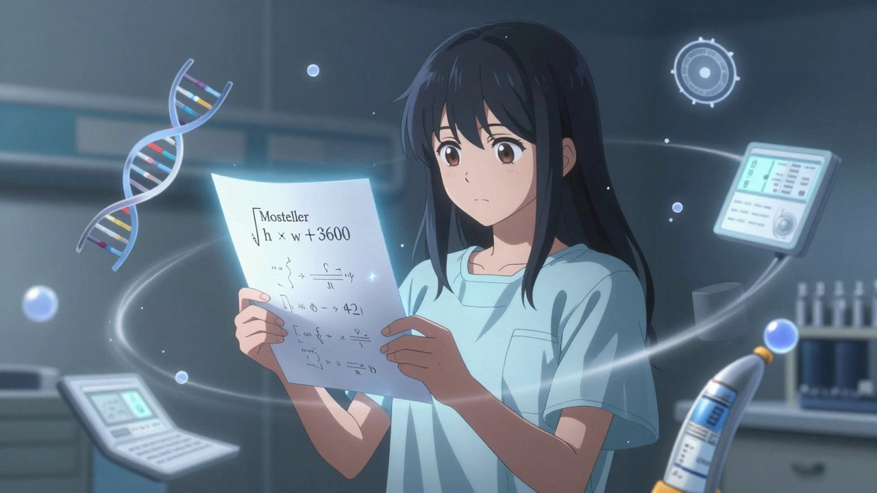 Girl in hospital gown with floating chemotherapy dosage formula and medical symbols.