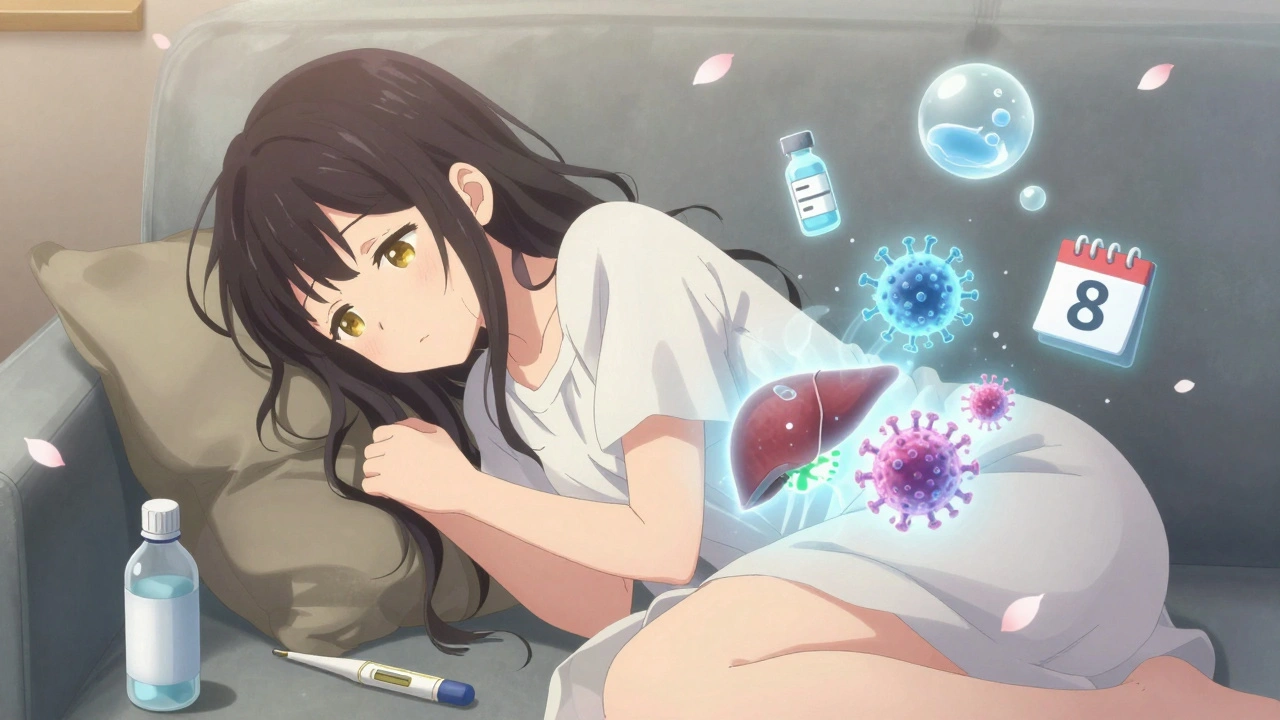 Girl recovering on couch with viral particles fading from her liver