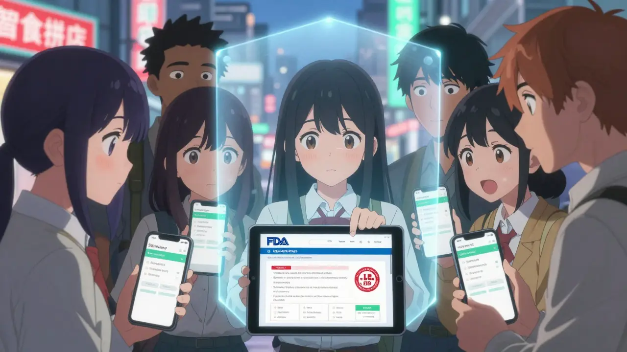 Group of young adults verifying pharmacy legitimacy on a tablet with a protective shield above them.