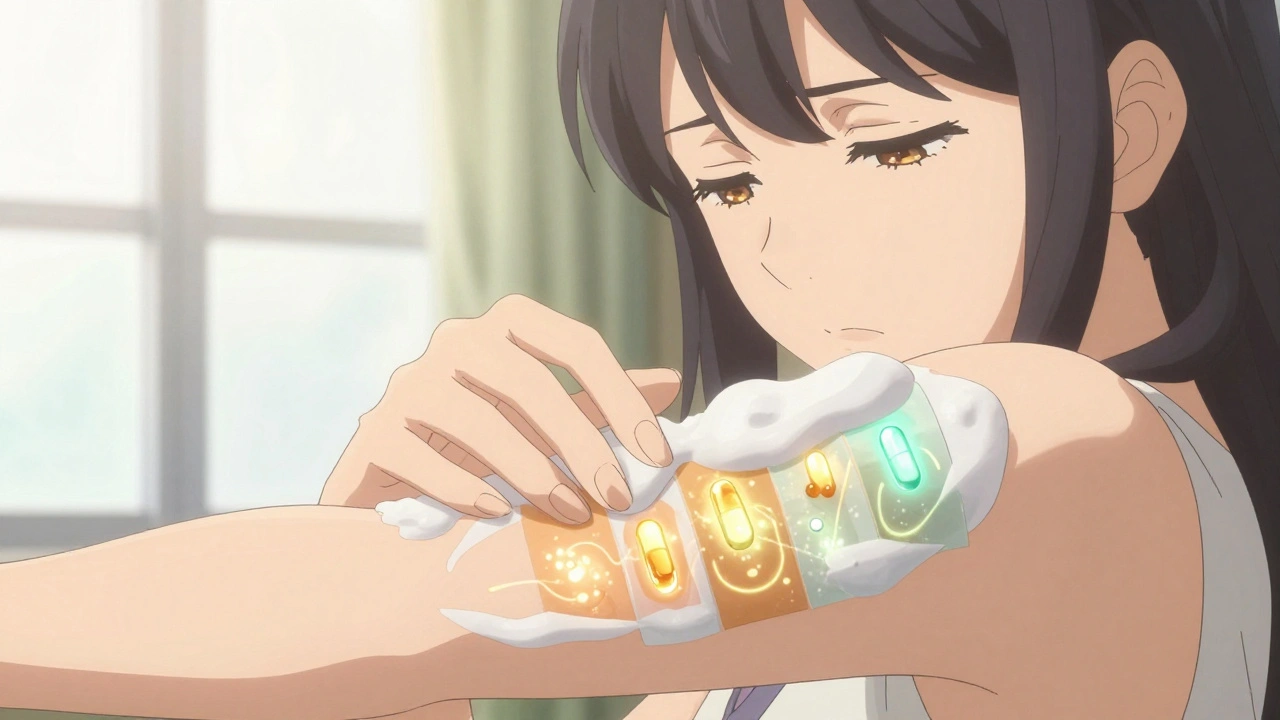 Hand applying topical foam with translucent skin layers showing drug penetration.