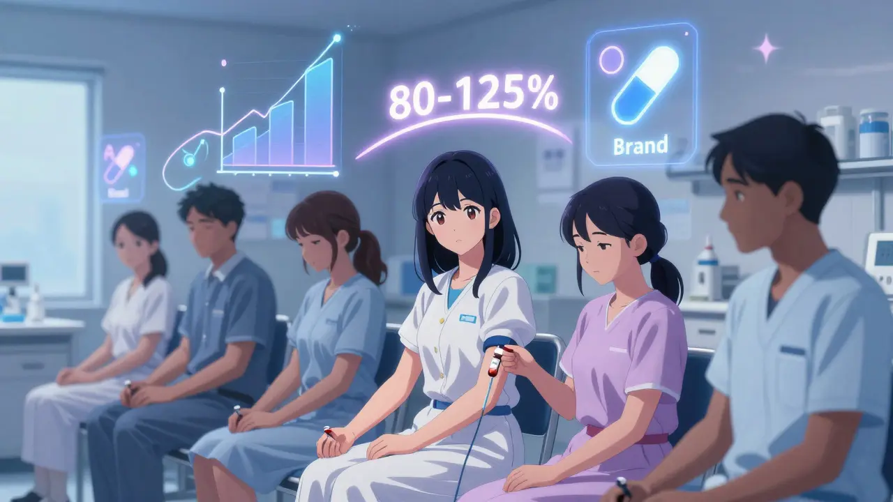 Healthy volunteers in a clinical study with glowing pharmacokinetic graphs above them