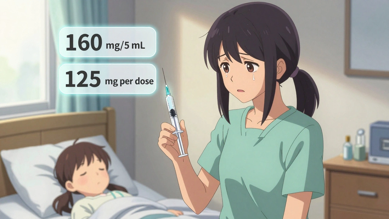 Mother measuring exact liquid dose with calibrated syringe beside a child’s bed.
