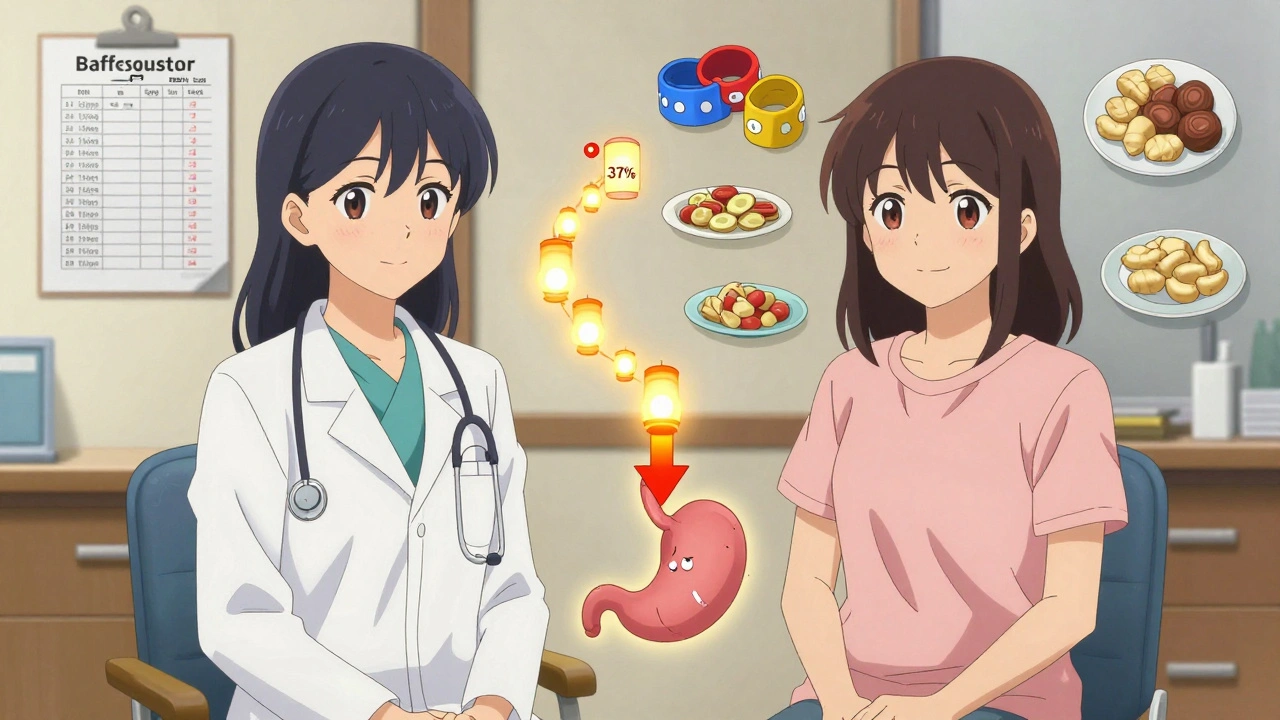 Patient and doctor discussing GLP-1 nausea management with floating symbols of slow titration and relief.