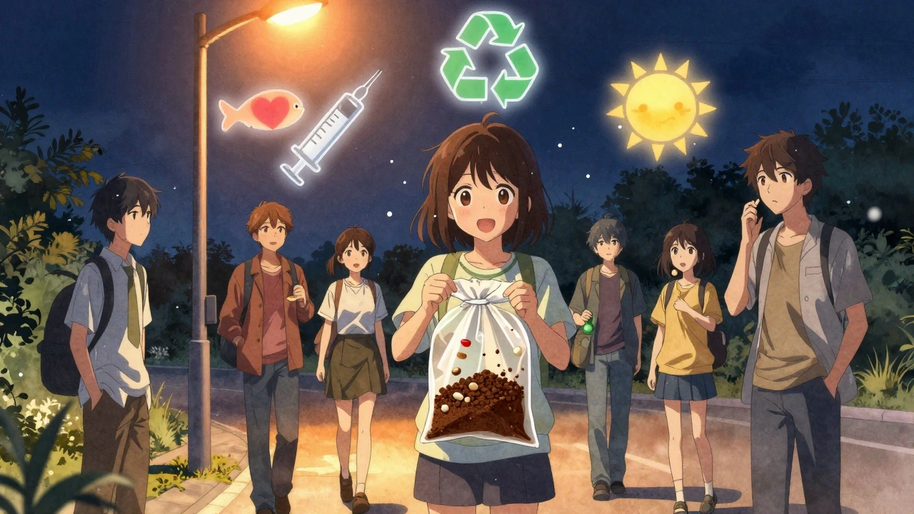 People mix medications with coffee grounds in a sealed bag under a streetlamp, surrounded by symbolic icons of environmental healing.