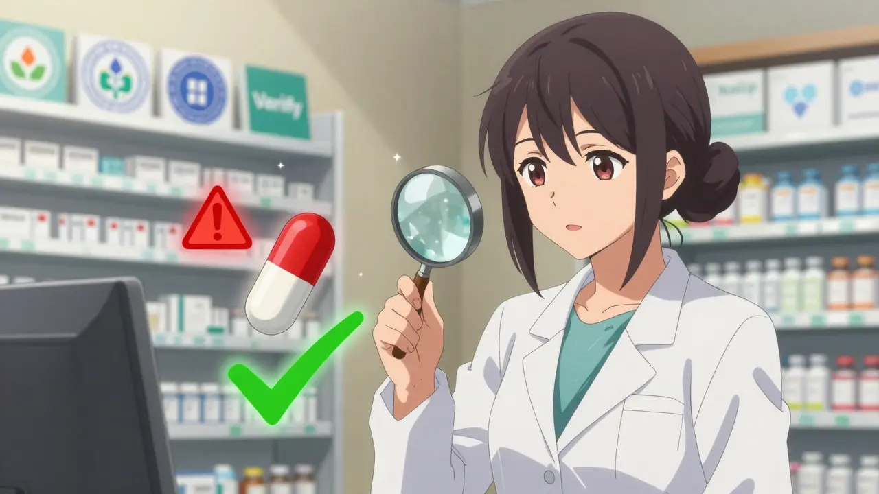 Pharmacist comparing a fake pill to a real one with warning and safety symbols around them.