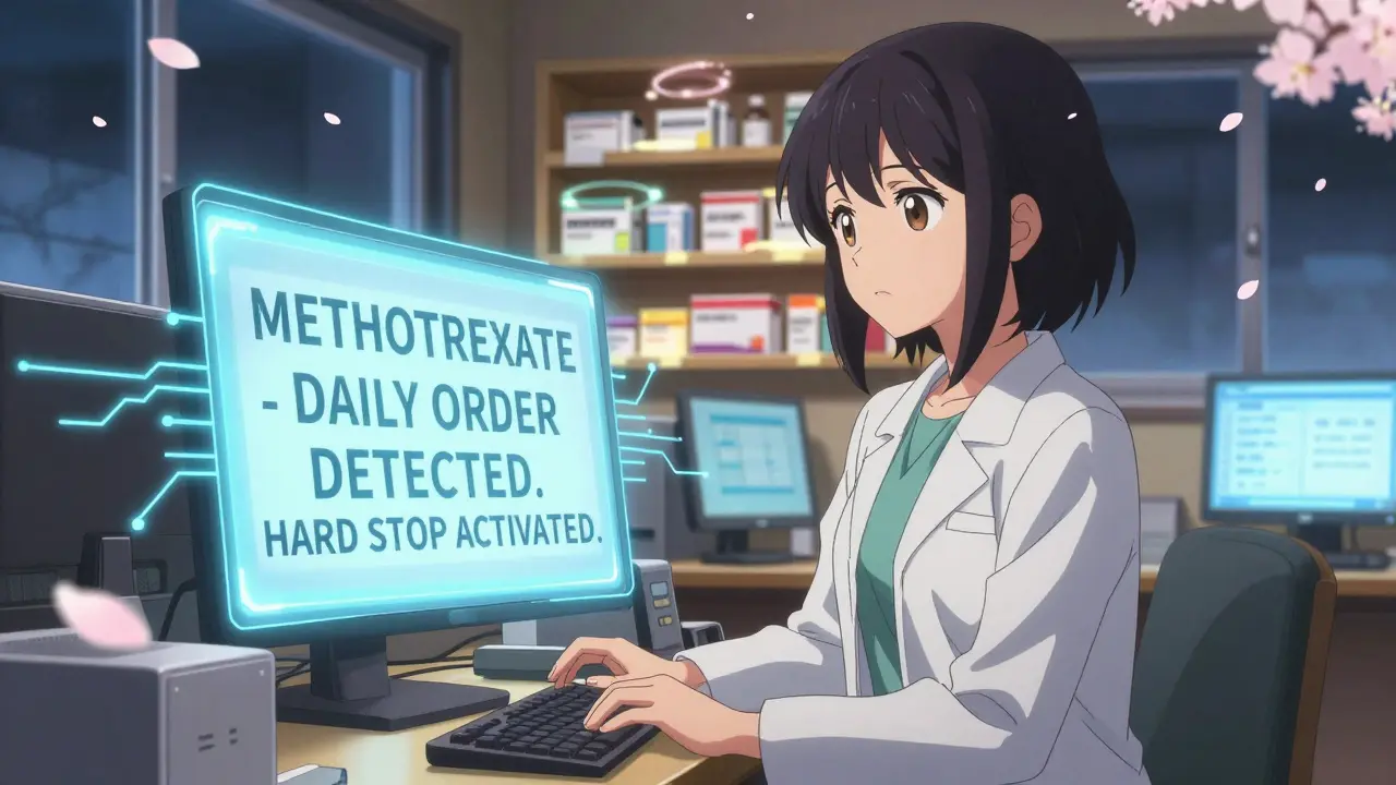 Pharmacist facing a hard stop warning for methotrexate on an electronic prescribing screen.