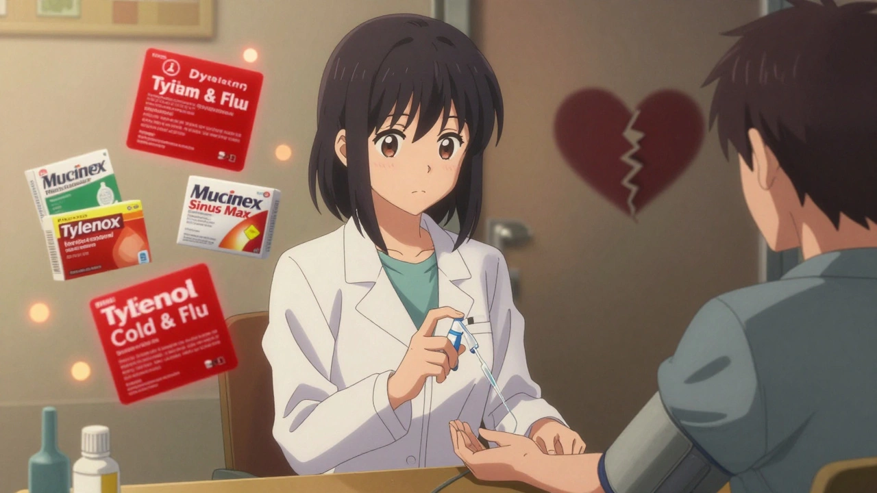 Pharmacist giving saline spray to patient, warning labels floating above cold medicine bottles in background.