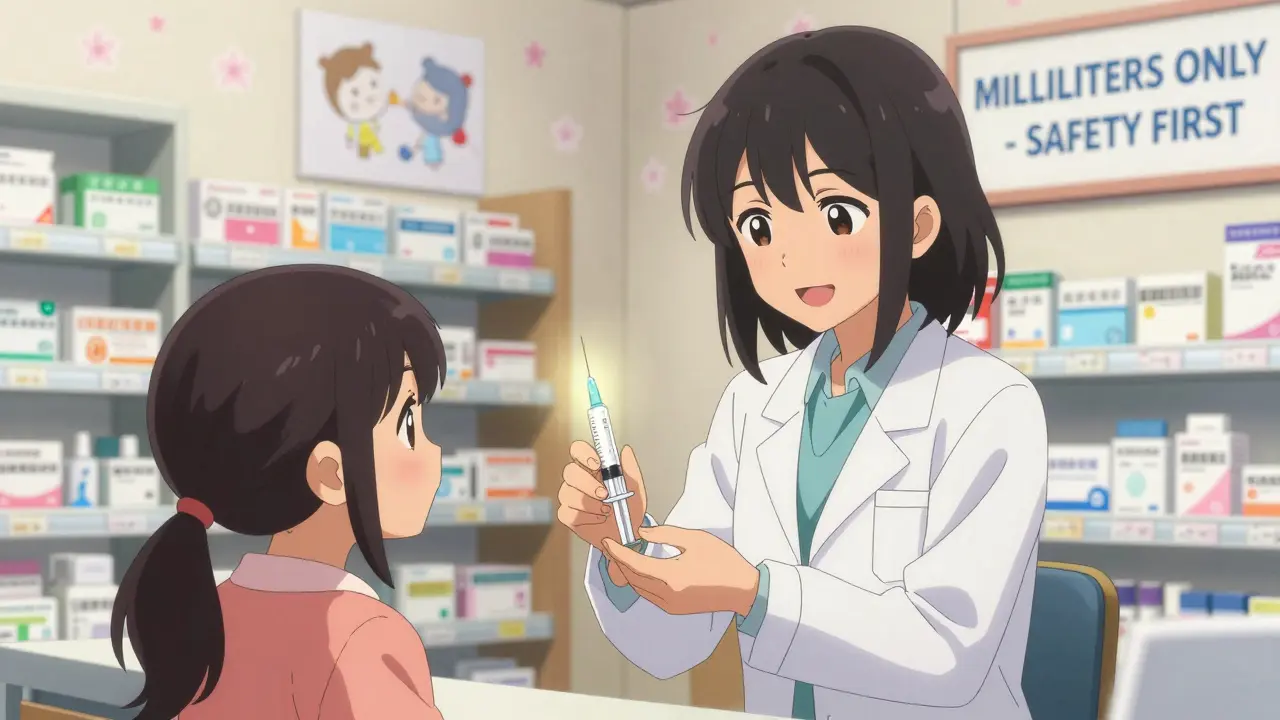 Pharmacist handing a parent an oral syringe labeled in milliliters