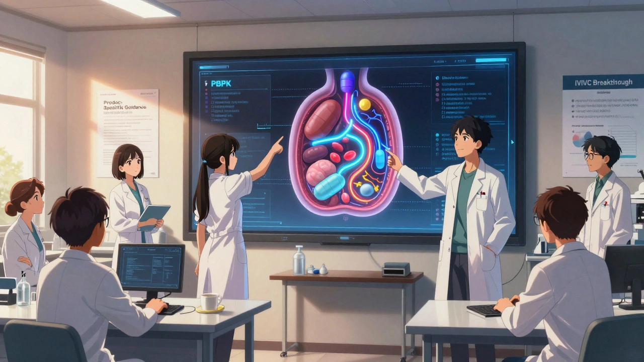 Researchers studying a glowing 3D PBPK model of a combination drug in a lab.