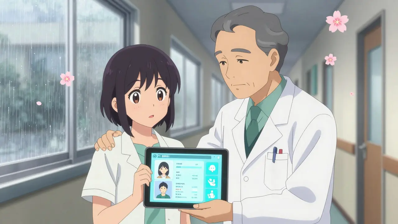 Senior clinician mentoring a medical student with AI feedback from a patient visit displayed on a tablet.