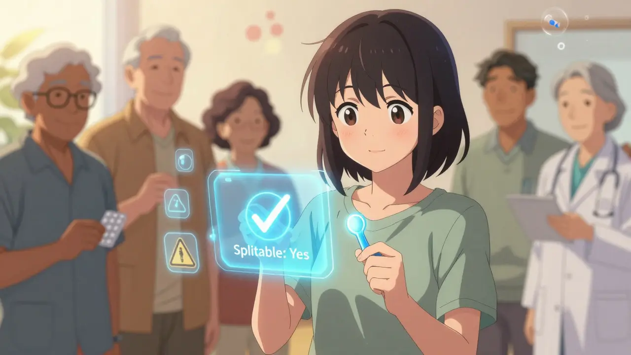 Smart pill splitter with safety confirmation, patients and pharmacist smiling together.