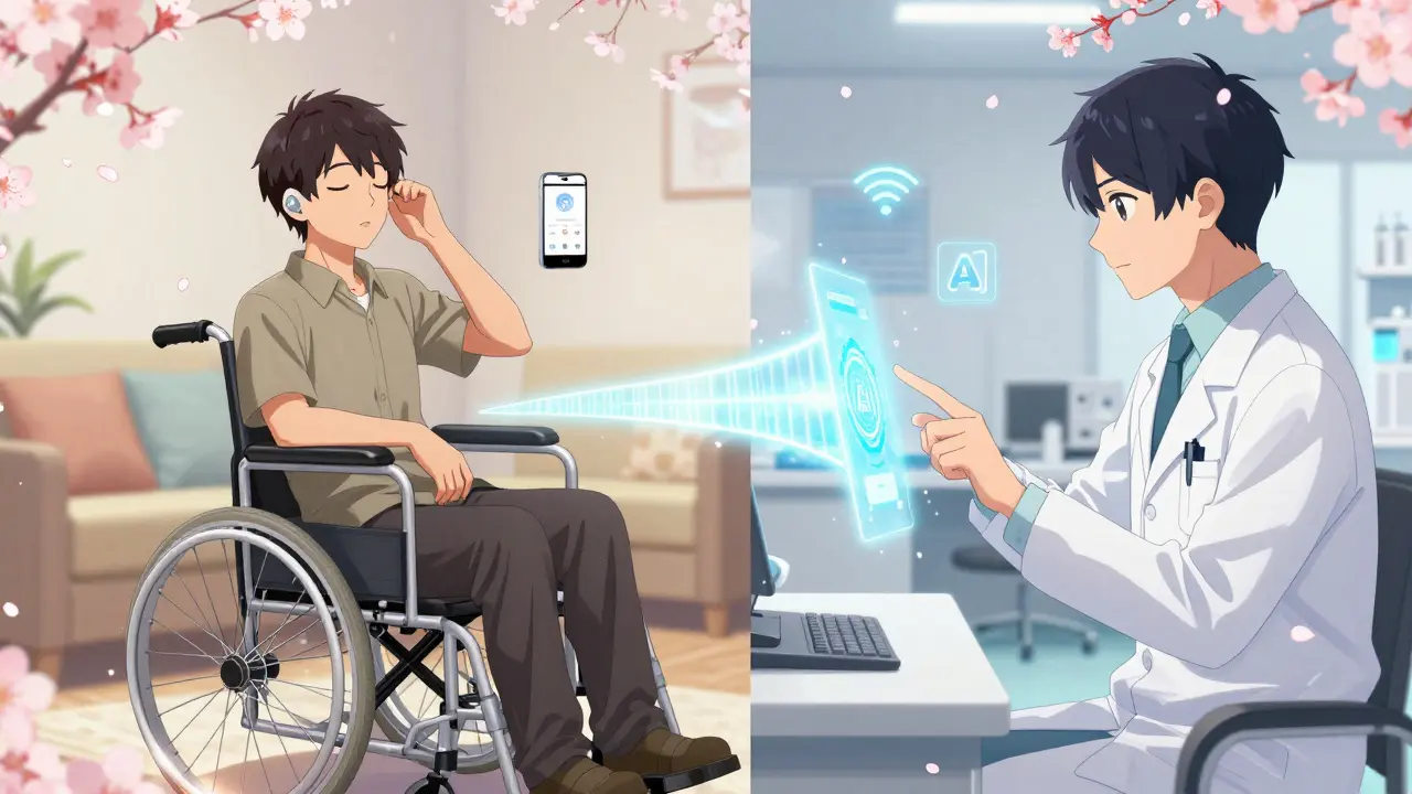 Split scene: man at home and audiologist in clinic connected by glowing digital bridge.