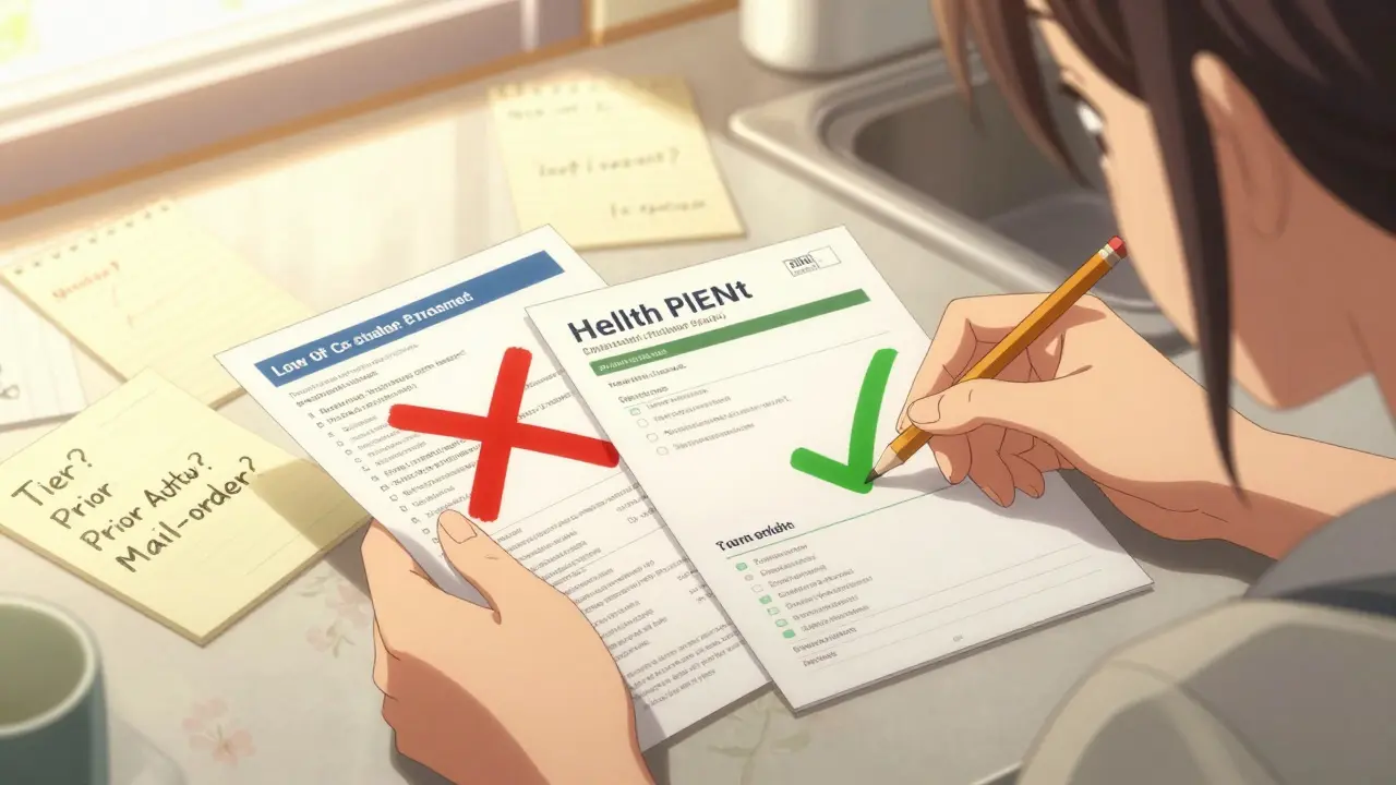 Woman comparing health plan brochures at home, highlighting covered vs. uncovered medications with notes and pencils.