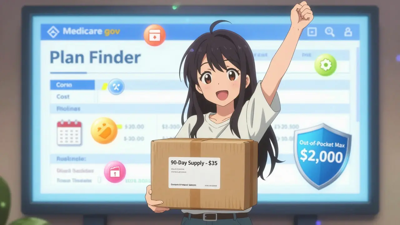 Woman holding a mail-order prescription package, smiling as cost-saving icons and enrollment dates glow around her.