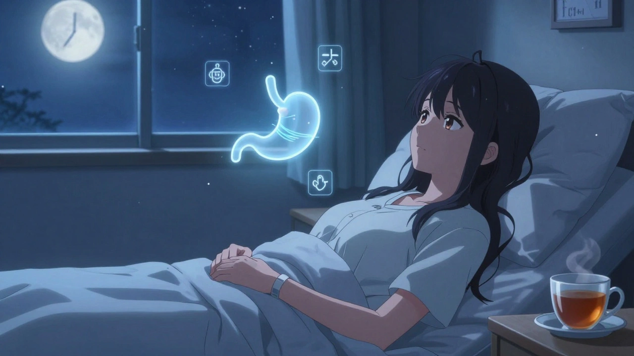 Woman injecting GLP-1 medication at night under moonlight, with calming tea and wristband on nightstand.