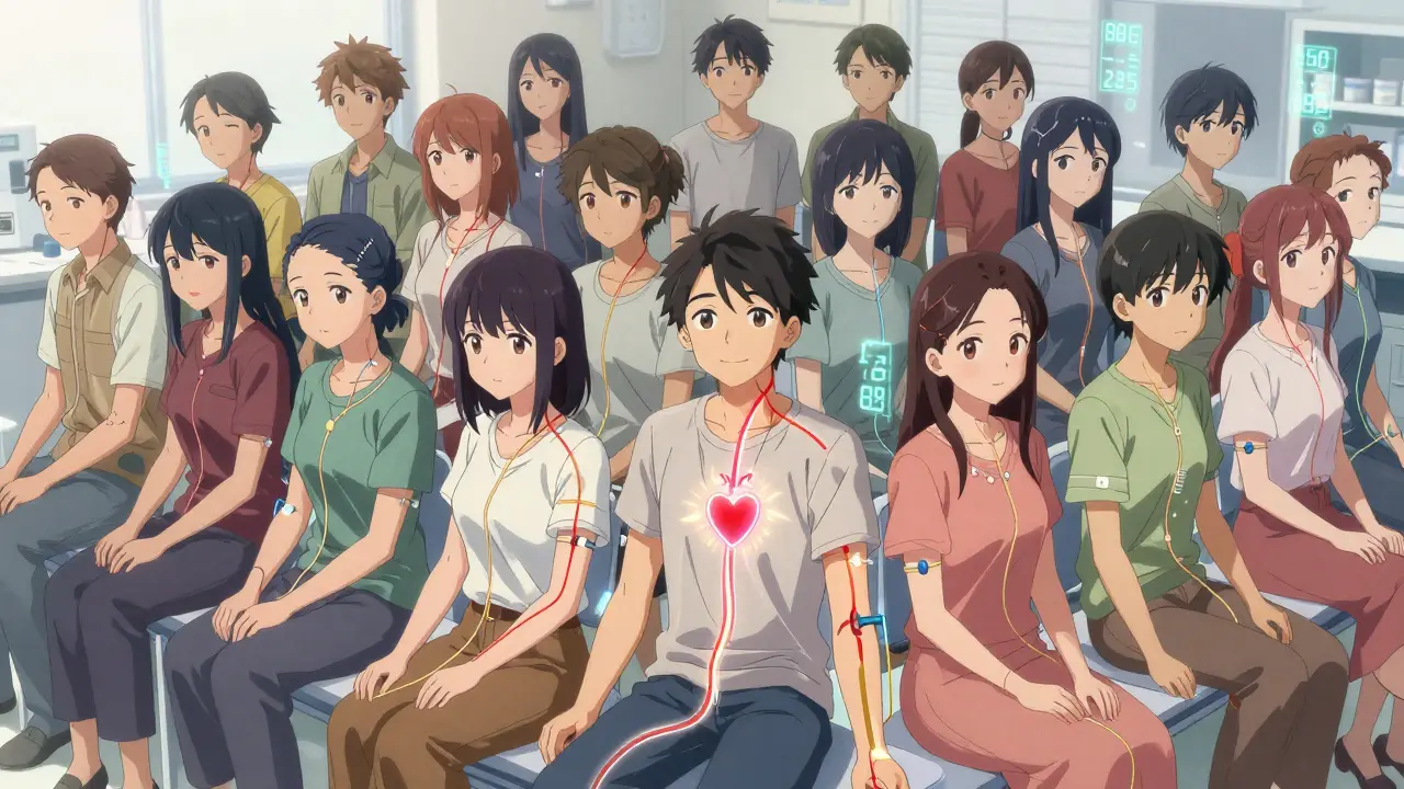 24 volunteers in a clinic with glowing drug absorption paths visualized as radiant rivers through their bodies.