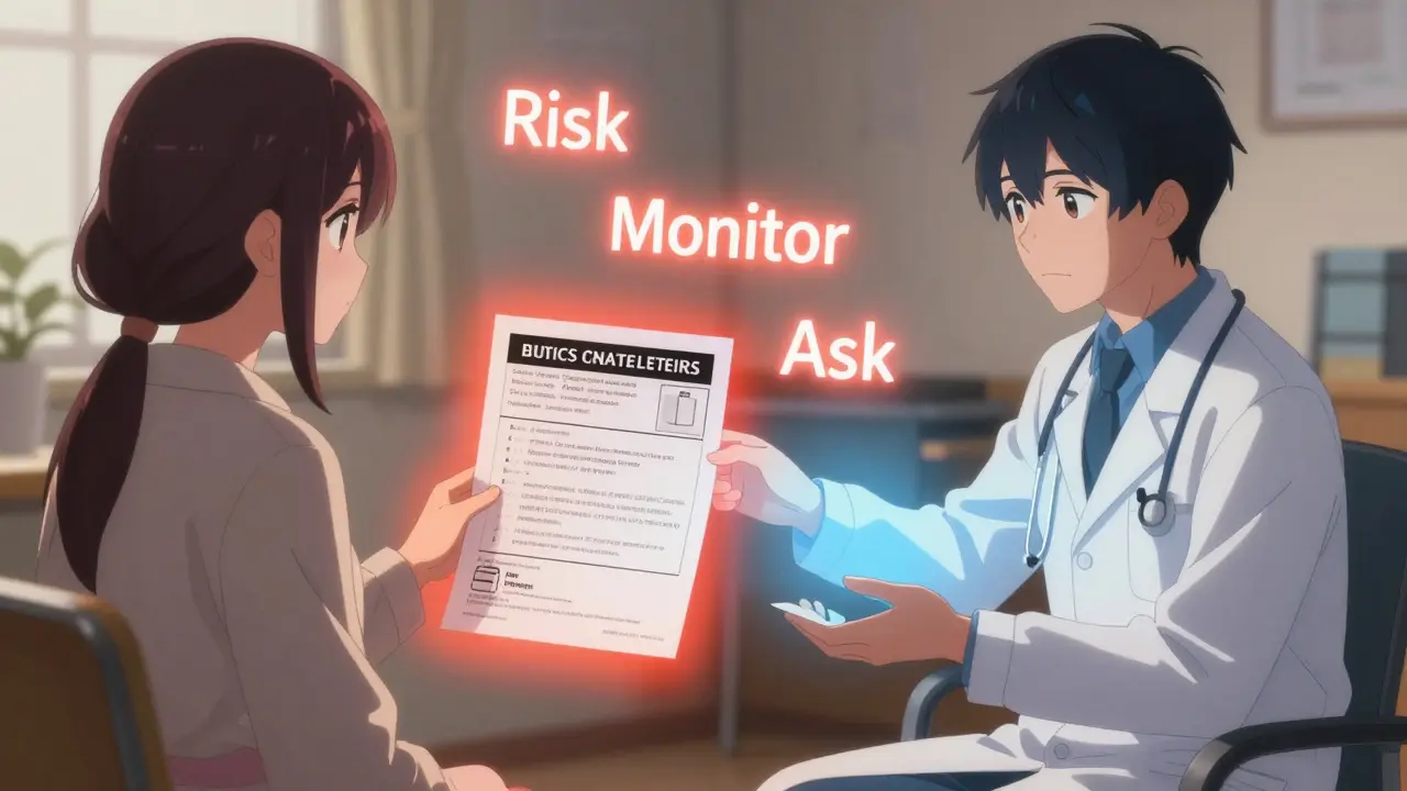 A doctor and patient reviewing a drug insert with a bold black box warning, calm light contrasting danger symbols.