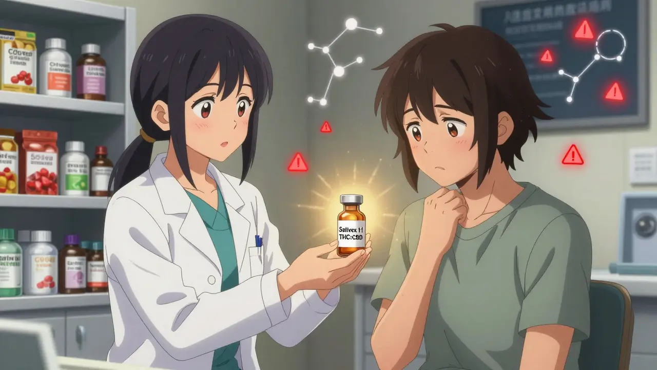 A doctor gives a patient a labeled THC:CBD medication while chaotic CBD products clutter the background.