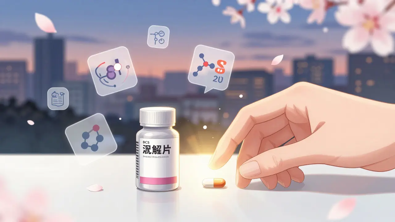 A generic pill beside a brand-name pill, surrounded by molecular and AI icons, radiating golden light to show equivalence.