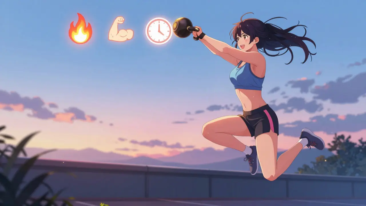 A girl doing HIIT with floating icons of cardio, strength, and time, representing combined fat loss.