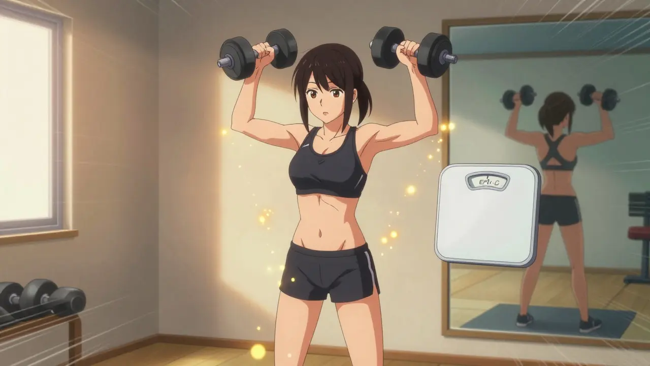 A girl lifting weights with golden particles rising around her, showing metabolic afterburn.