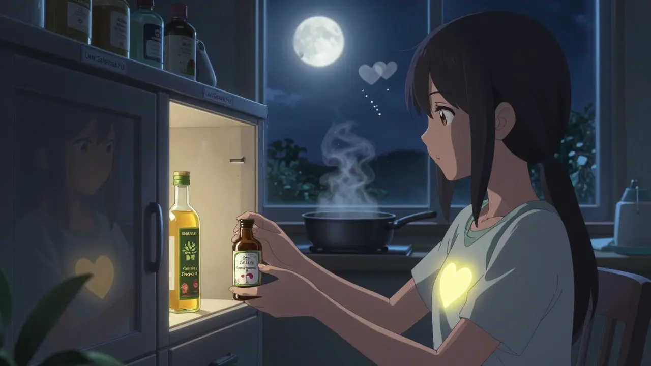 A girl storing heart-healthy oils in a dark cabinet under moonlight.