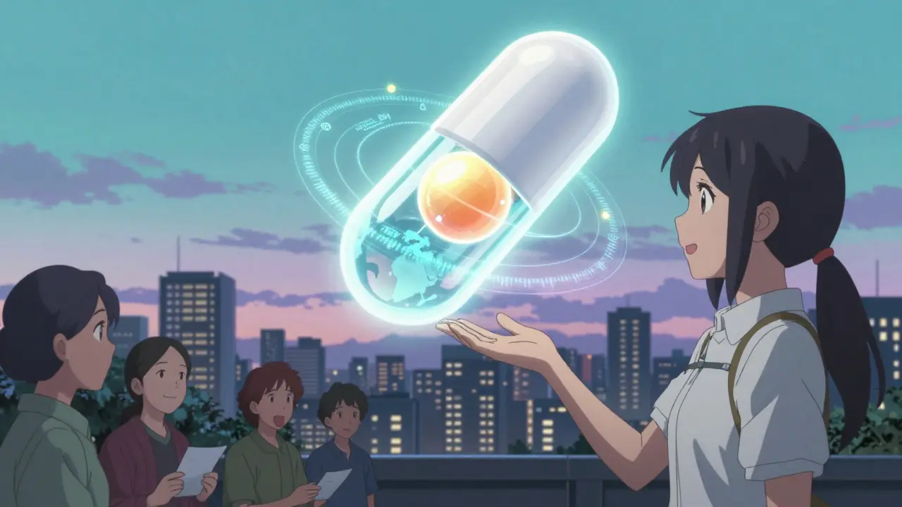 A glowing generic pill hovers over a city, symbolizing affordable medicine and global access.