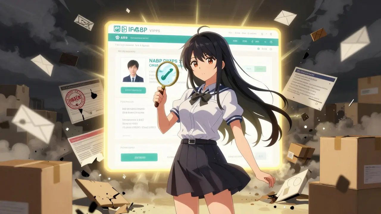 A heroic girl verifying a legitimate pharmacy website with a glowing VIPPS seal, while fake sites crumble into ash around her.