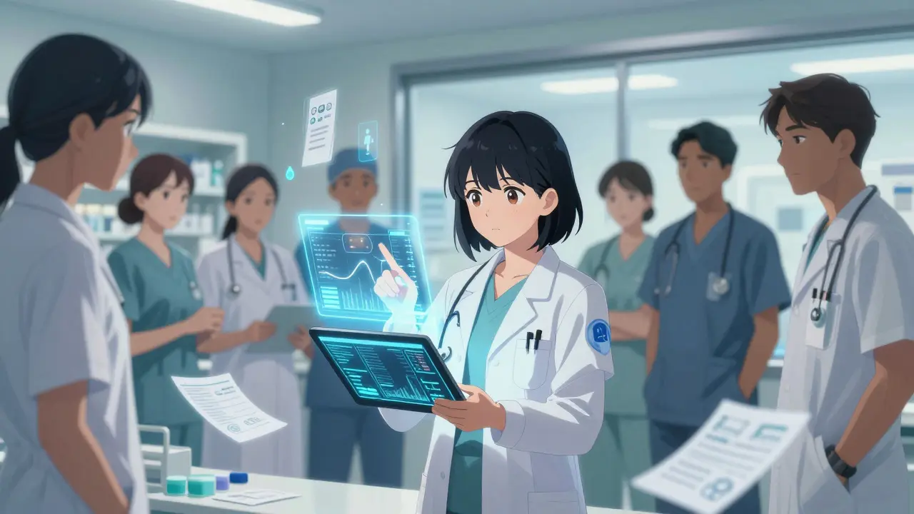 A hospital pharmacy team reviewing clinical data on a glowing tablet, surrounded by floating drug information icons.