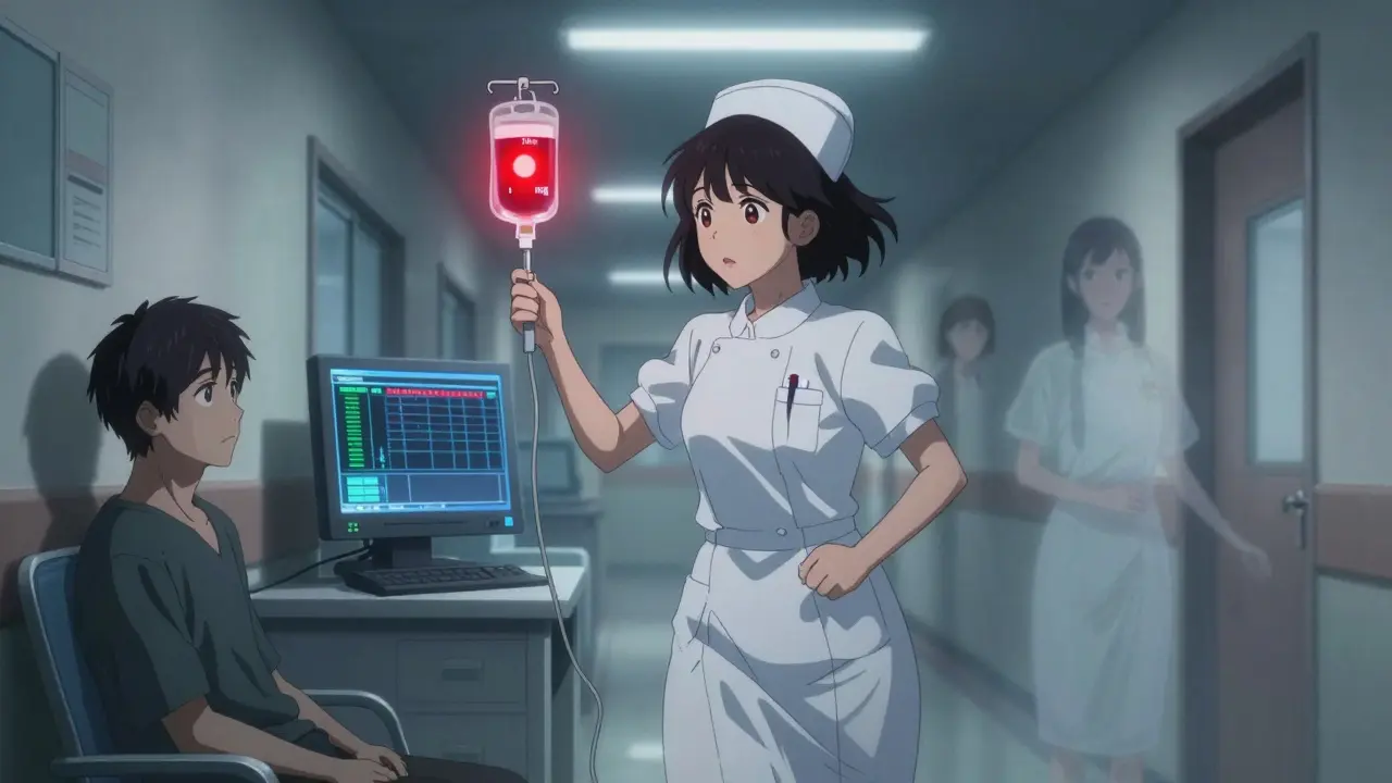 A patient in a hospital hallway with a dangerous IV dosage error glowing red.