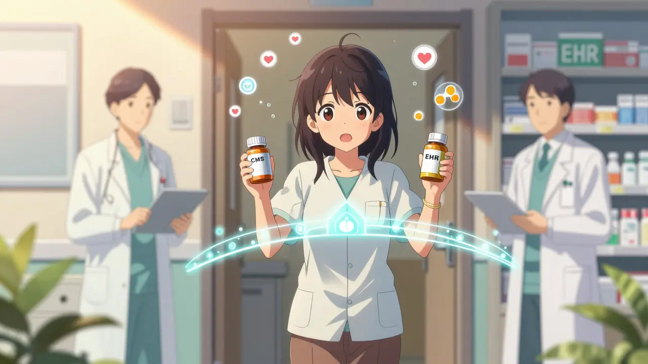 A patient stepping out of a hospital holding two different pill bottles, connected by glowing data streams symbolizing integrated care.