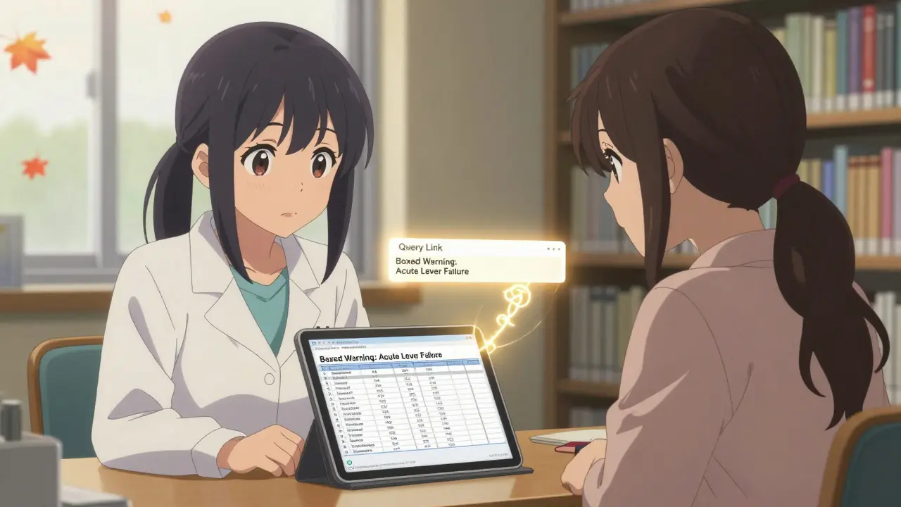 A pharmacist and patient examining an FDALabel Excel export together, with a glowing query link between them.