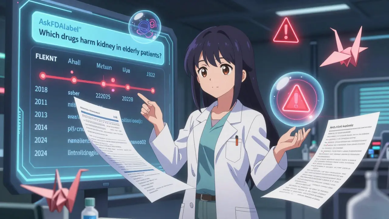 A scientist in a futuristic lab using AI to query FDALabel, with drug labels unfolding like origami cranes around her.