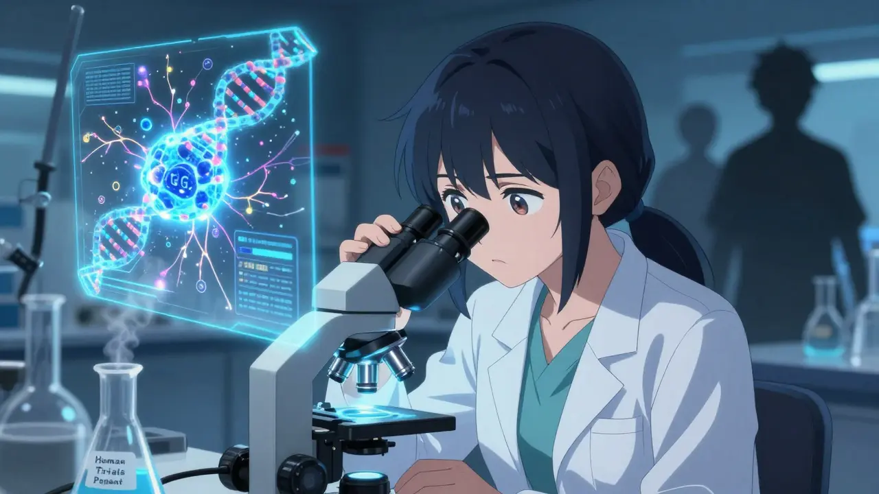 A scientist observes a glowing CBG molecule in a futuristic lab, with holographic nerve pathways lighting up.