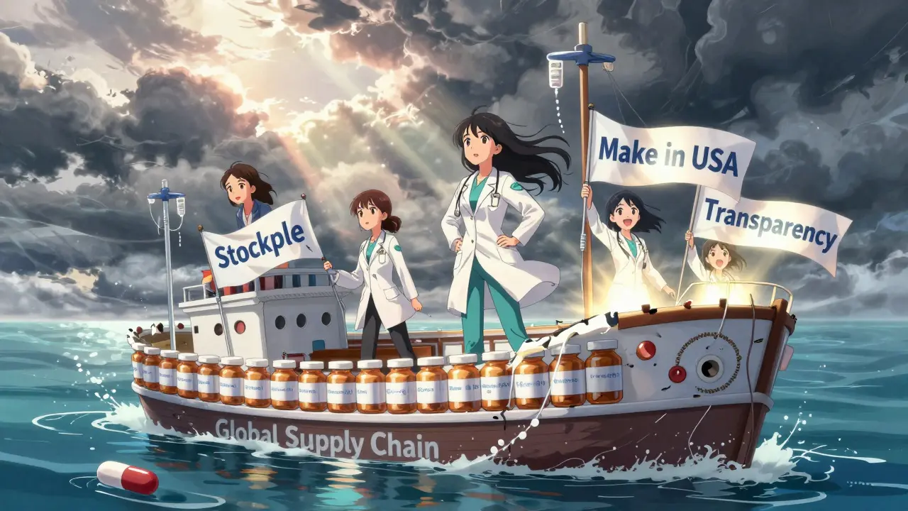 A sinking ship made of medicine bottles with three advocates standing on deck as dawn breaks.