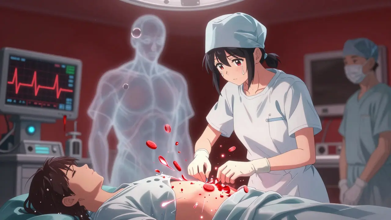 A surgeon in an operating room interrupted by glowing scattered platelets and a ghostly garlic figure looming behind.