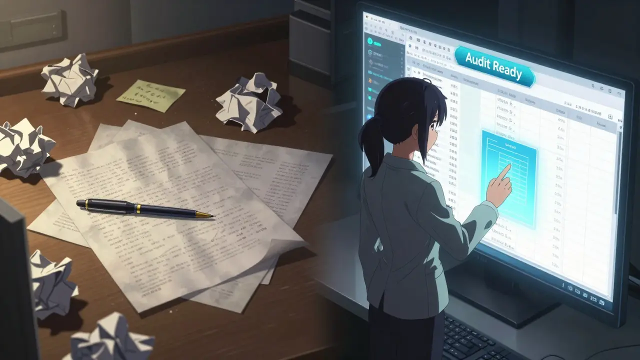 A technician stands between chaotic paper records and a flawless digital compliance dashboard.