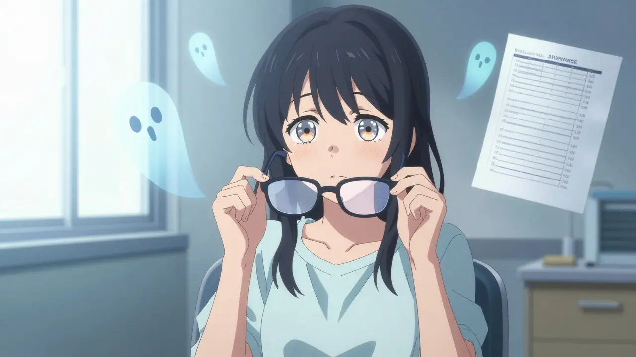 A teen in a clinic holding glasses, her eyes showing double vision under soft blue light.