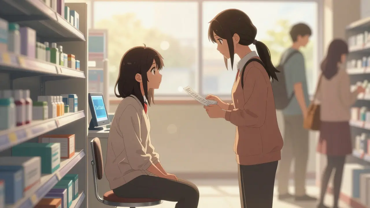 A teenager and her mother at a pharmacy counter seeing 'Out of Stock' on a prescription screen.