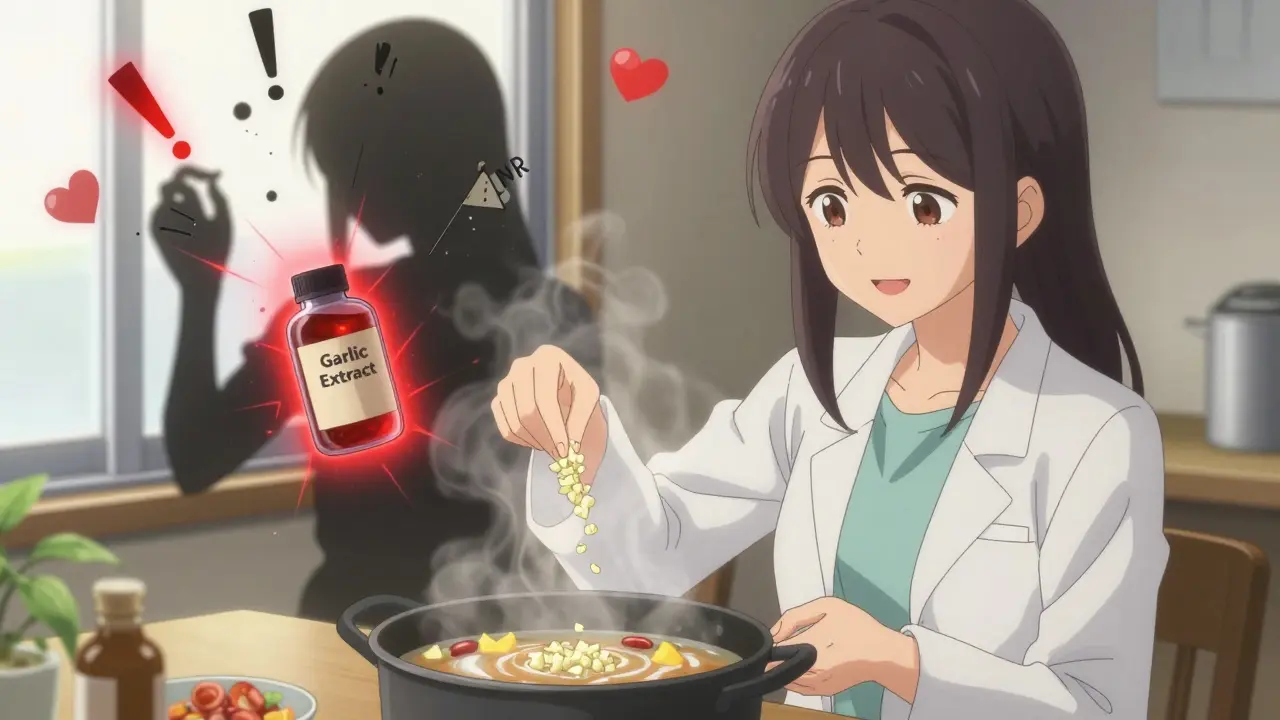 A woman cooking with garlic while a shadowy version of herself holds a dangerous supplement bottle with red energy.