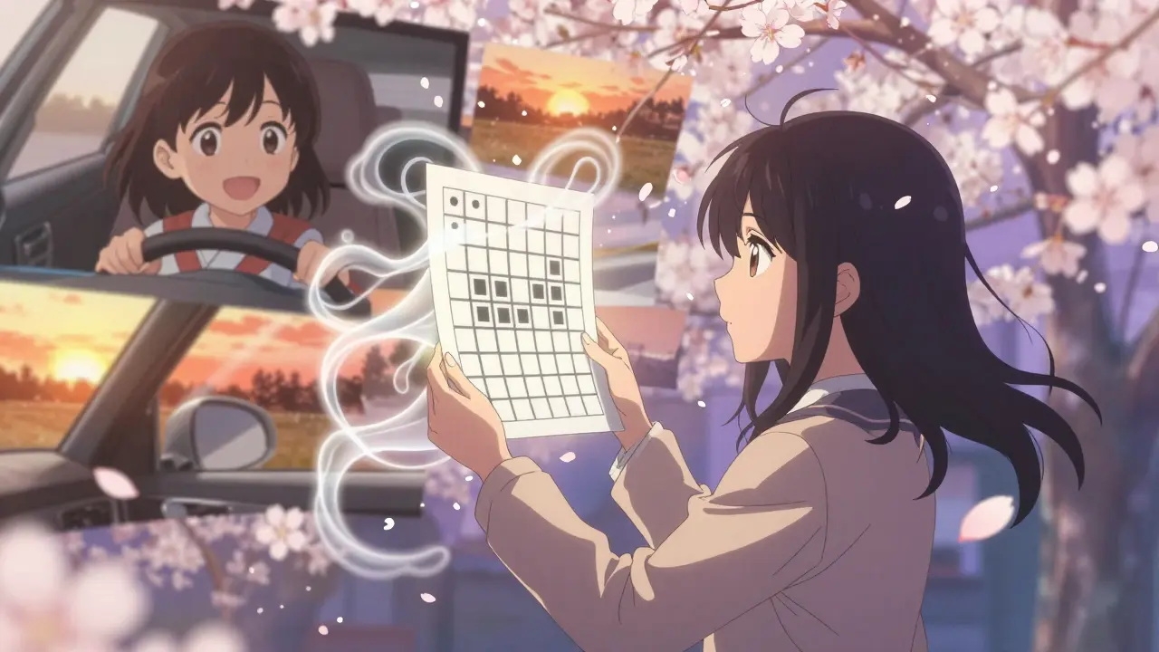 A woman looking at a warped Amsler grid, with fading memories of loved ones and daily activities dissolving at their centers.